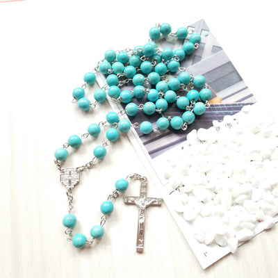 Olivenorma Turquoise Silver Cross Charm Rosary Necklace