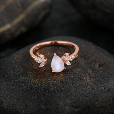 Olivenorma Faceted Moonstone White Zircon Leaf Adjustable Ring