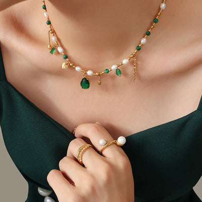 Olivenorma Emerald Pearl Beaded Non Fading Gold Necklace