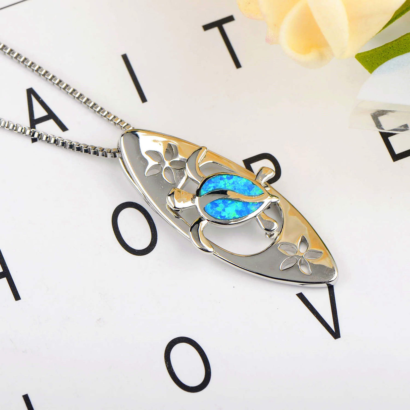 Olivenorma Blue Opal Surfboard Turtle Pendant Necklace