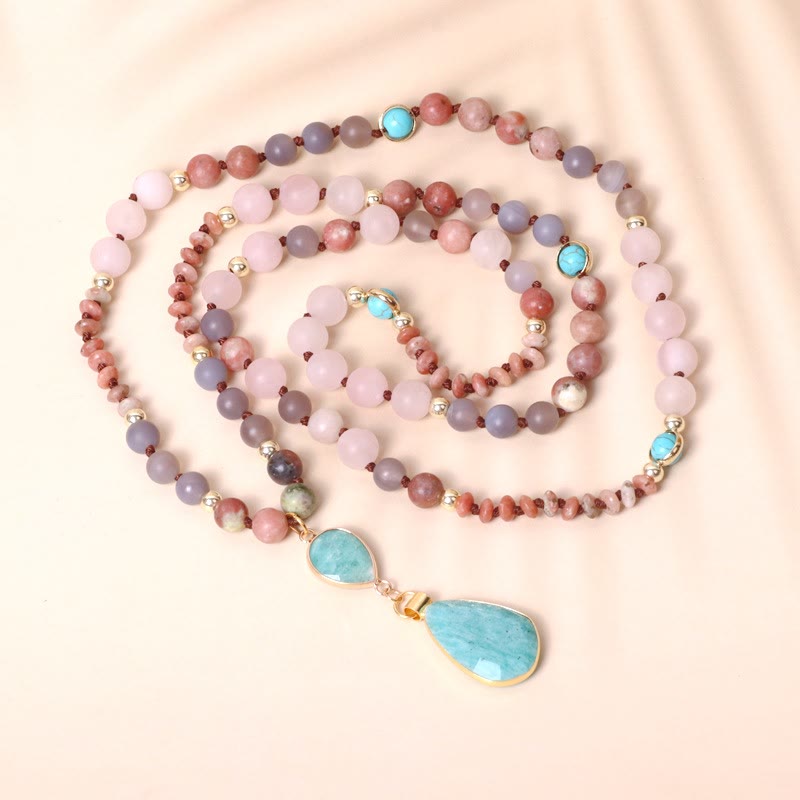 Natural Rose Quartz Mala Prayer Arrowhead Pendant Necklace