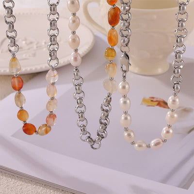 Olivenorma Carnelian Freshwater Pearl Titanium Steel Necklace