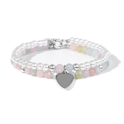 Olivenorma Faceted Stone Pearl Heart Charm Double Layer Bracelet