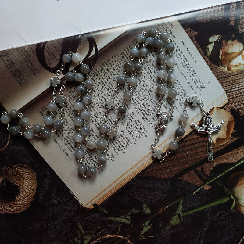 Olivenorma Gray Moonstone Silver Jesus Cross Rosary Necklace