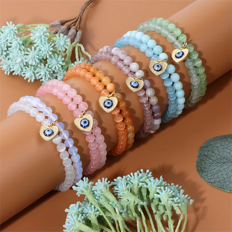 Olivenorma Cat's Eye Stone Evil Eye Pendant Double Layer Bracelet