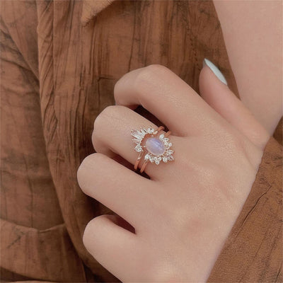 Olivenorma Moonstone White Zircon Oval Design 2Piece Ring Set