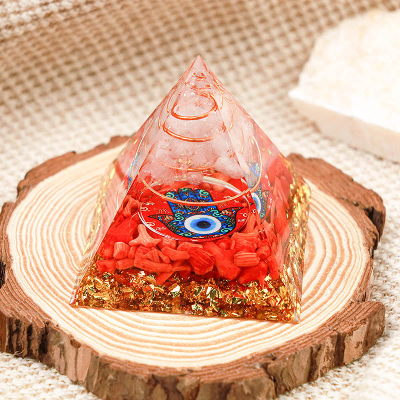 Olivenorma Clear Quartz With Red Coral Hamsa & Evil Eye Orgone Pyramid