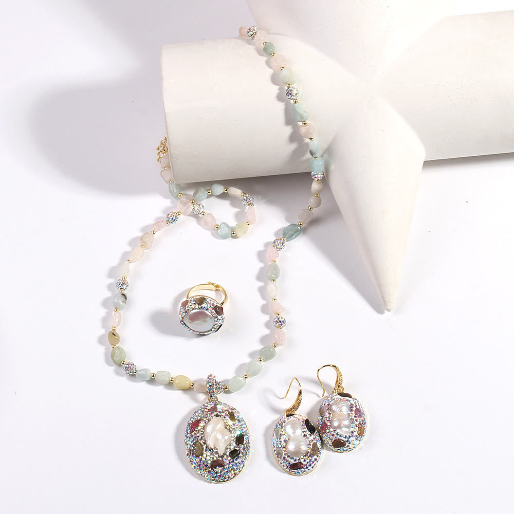 Olivenorma Morganite Tourmaline Freshwater Pearl Jewelry Set