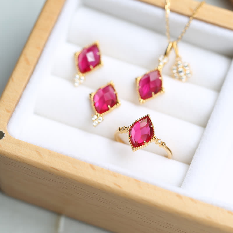 Olivenorma Natural Garnet Ring Earrings Necklace Jewelry Set