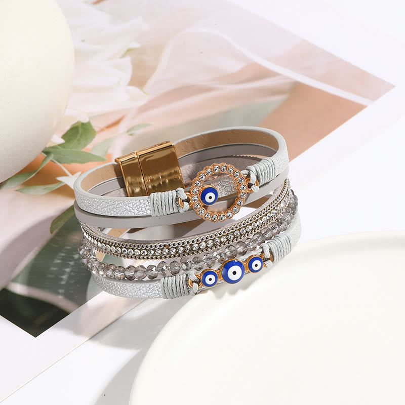 Olivenorma White Zircon Boho Evil Eye Metal Wide Leather Bracelet