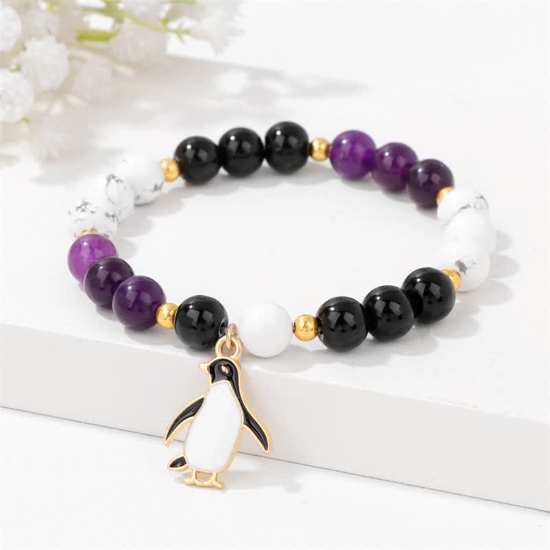 Olivenorma 8mm Natural Stone Beaded Cartoon Penguin Pendant Bracelet