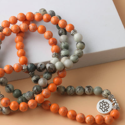 Olivenorma 108 Orange Emperor Stone Mala Beads Lotus Pendant Necklace