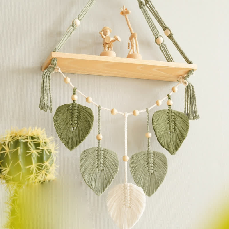 Olivenorma Weave Green Leaves Macrame Wood Shelf Wall Decor