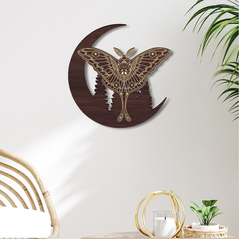 Olivenorma Crescent Moon Moth Wooden Wall Decor