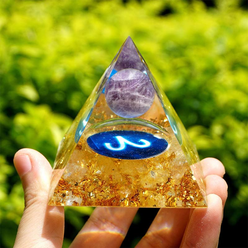 Olivenorma Amethyst with Golden Rutilated Aries Zodiac Orgone Pyramid