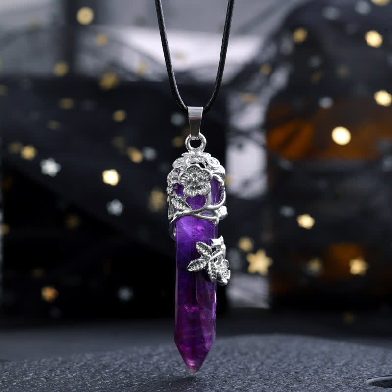 Olivenorma Crystal Stone Hexagonal Column Flower Pendant Gemstone Necklace