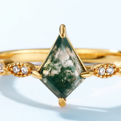 Olivenorma Diamond Moss Agate White Zircon Four Prong Ring