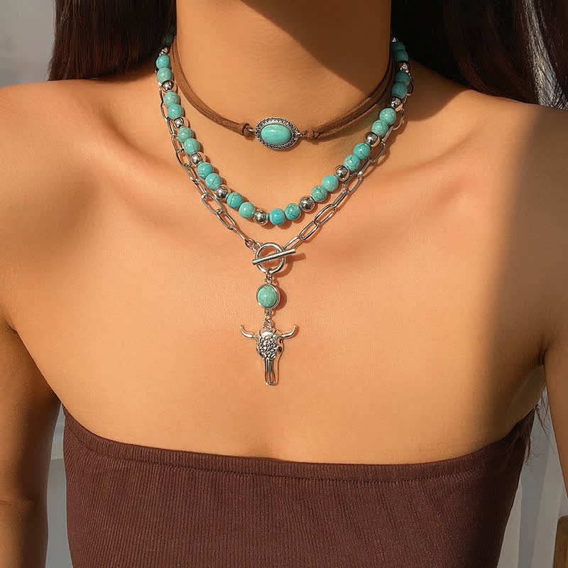 Olivenorma Turquoise Alloy Bull Head Pendant Necklace Set