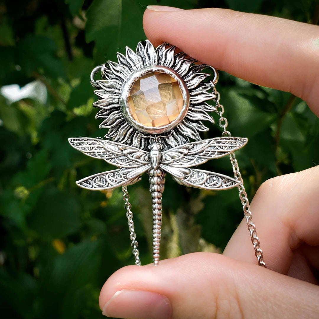 Olivenorma Sun Stone Dragonfly Sunflower Pendant Necklace