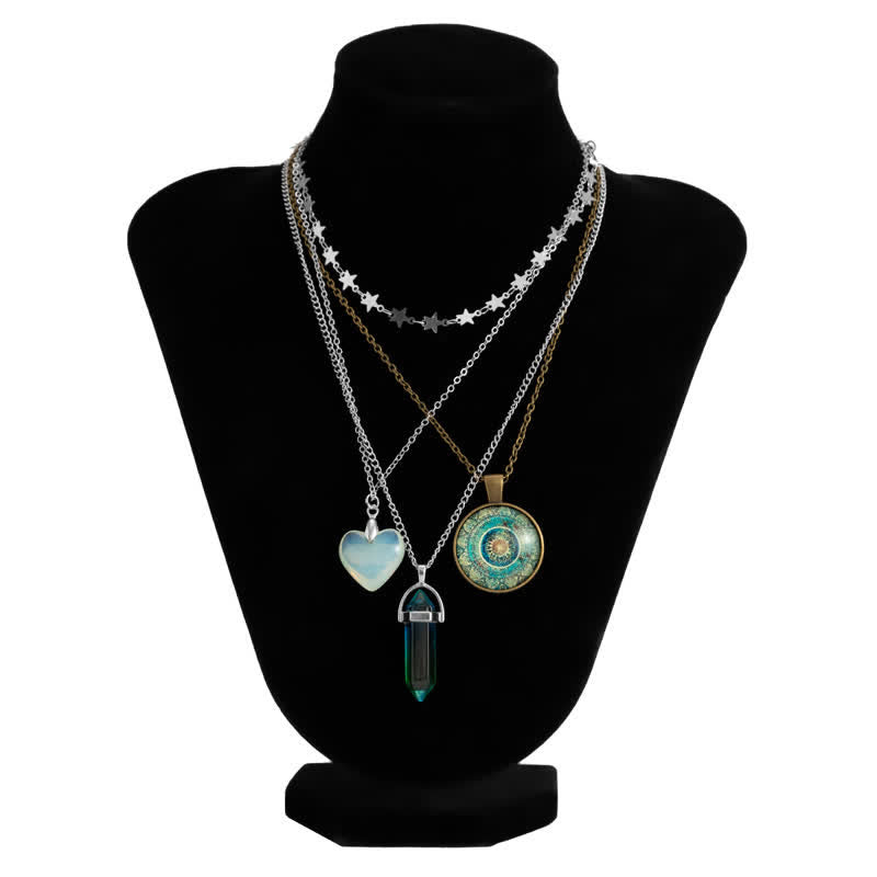 Olivenorma Opalite Heart Pendant Three Layer Necklace Set