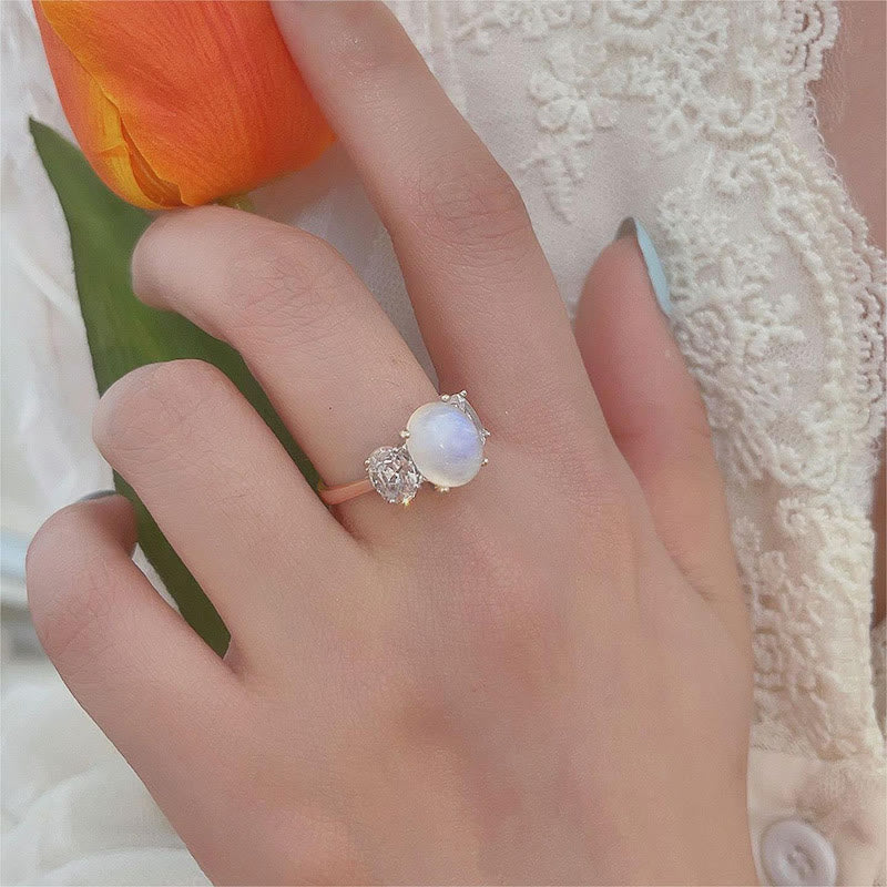 Olivenorma Three Diamonds Moonstone White Zircon Rose Gold Ring