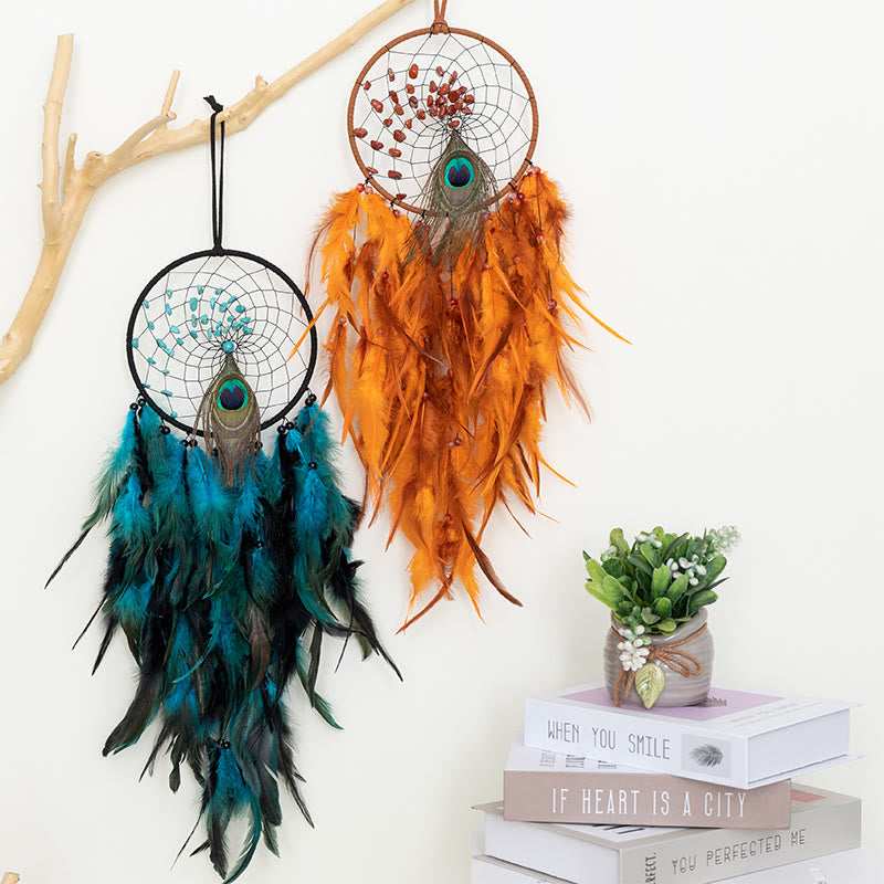 Olivenorma Red Agate Turquoise Peacock Feather Dream Catcher