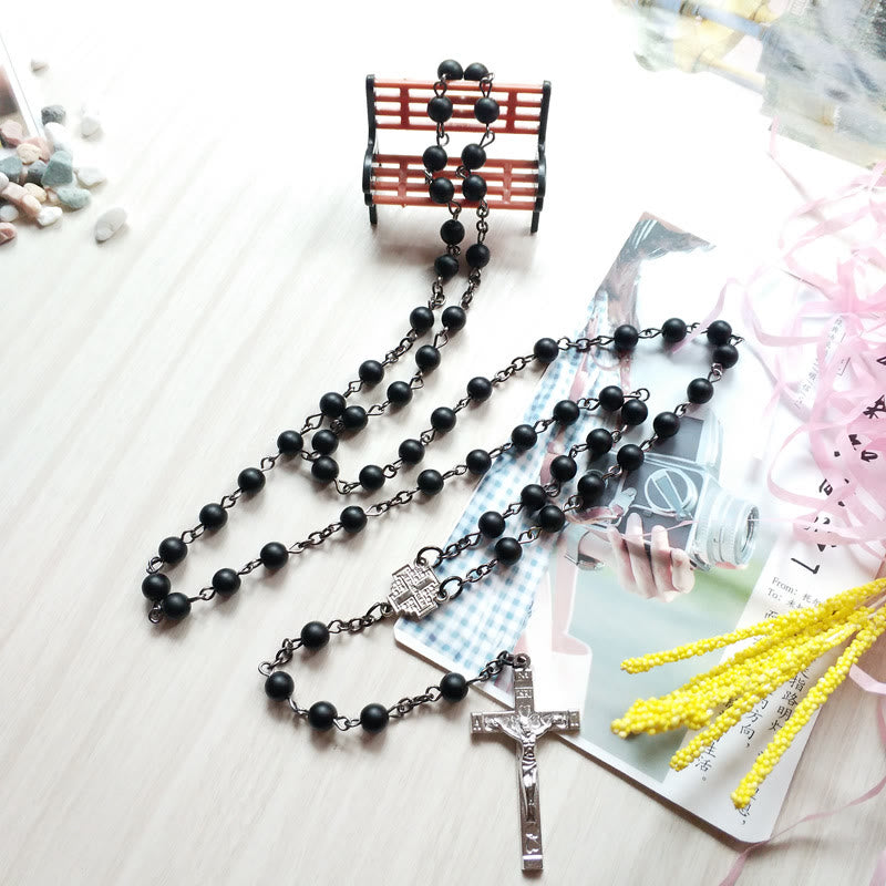 Olivenorma Brushed Black Onyx Cross Rosary Necklace